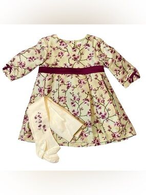 Janie and Jack Lush Berries Light Green Floral Silk Dress and Tights 6-12 m